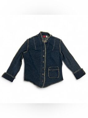 Y2K Cropped Denim Jacket Raw Edge Distressed Mudd Medium